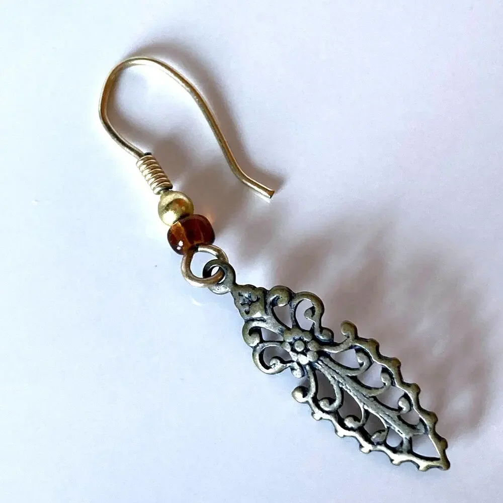 Brass tone ornate scroll/feather fish hook earrings